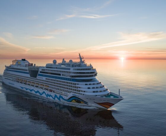 Das Bild zeigt die AIDAmar auf ruhiger See bei Sonnenuntergang. Das Kreuzfahrtschiff fährt majestätisch dem Horizont entgegen. Der Himmel ist in sanften Farben gefärbt und spiegelt sich im Wasser.