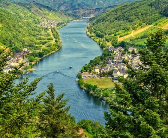 Das Bild zeigt die Mosel, umgeben von grünen Hügeln, Weinbergen und malerischen Dörfern am Flussufer.