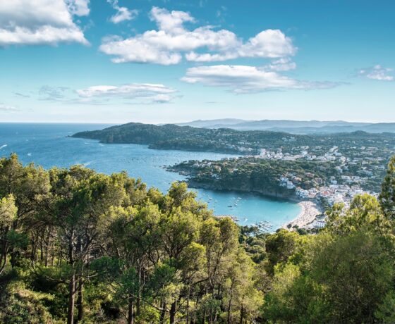 Blick auf die Costa Brava mit Pinienwald, türkisblauer Bucht, Sandstrand und einer Küstenstadt am Mittelmeer.
