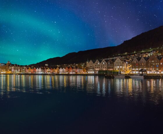 Das Bild zeigt eine norwegische Hafenstadt bei Nacht mit bunten Häusern, Sternenhimmel und Nordlichtern.