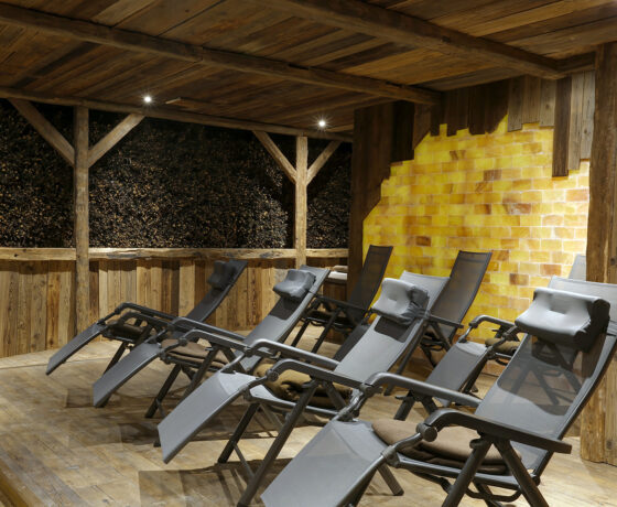 Innenraum eines Gradierwerks mit Holzverkleidung, schwarzer Wandfüllung aus Reisigbündeln und mehreren Relax-Liegen vor einer warm beleuchteten Salzsteinwand.