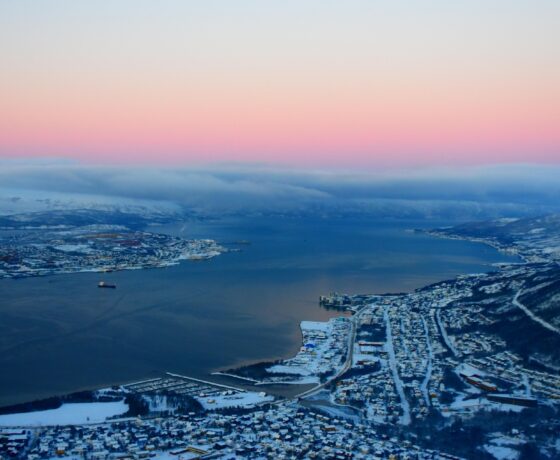 Panoramablick auf das verschneite Tromsø bei Sonnenuntergang. Der Fjord, umgeben von Bergen und Lichtern der Stadt, spiegelt den pastellfarbenen Himmel wider – eine friedliche Winterstimmung in Nordnorwegen.