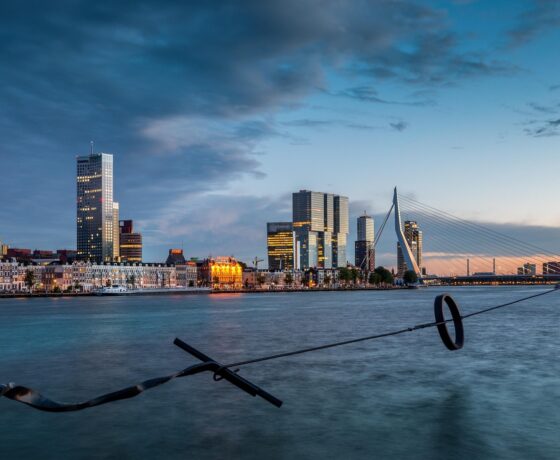 Abendlicher Blick auf die Skyline von Rotterdam mit der Erasmusbrücke und modernen Hochhäusern – ein harmonisches Zusammenspiel von Wasser, Licht und Architektur.